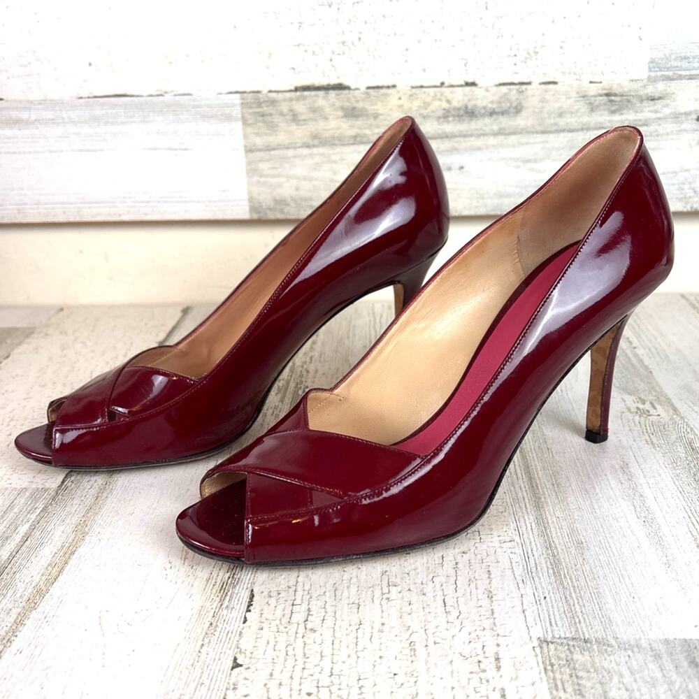 Kate Spade Womens 10 Burgundy Peep Toe Cross Strap High Heels Designer